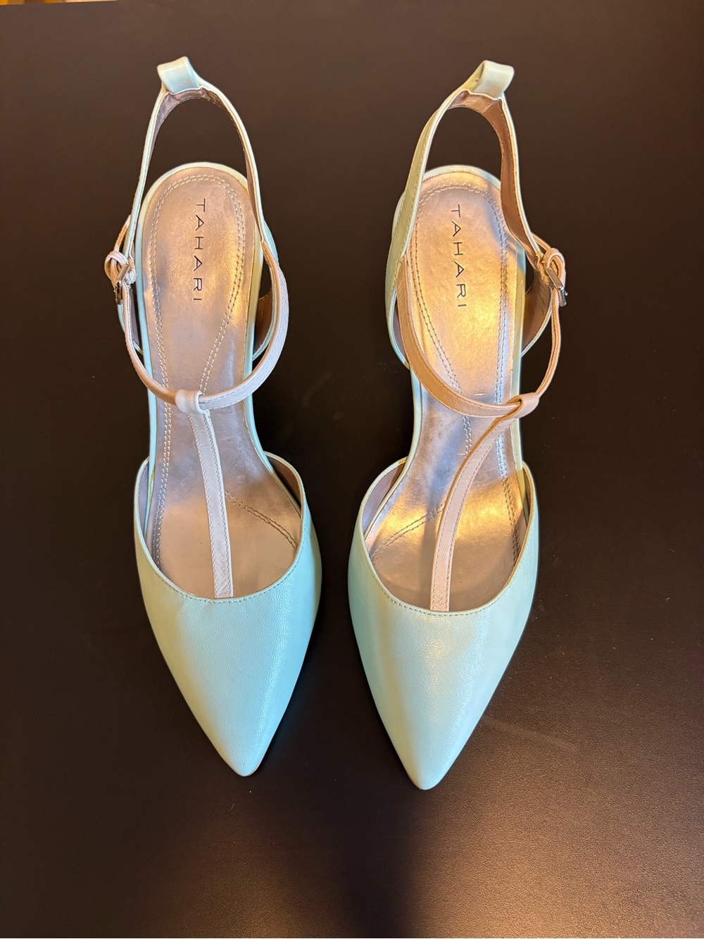 Tahari Mint Green Pointed T-Strap Slingback Heels